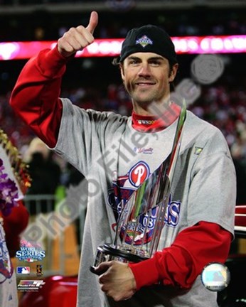 Framed Cole Hamels w/2008 World Series MVP trophy Print