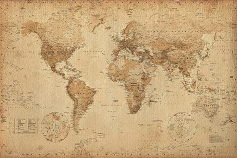 Framed Map of the World (anitque style, miller projection) Print
