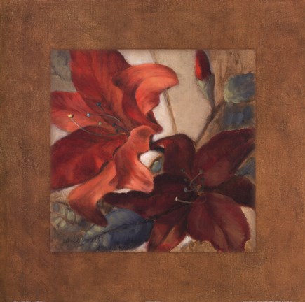 Framed Crimson Fleurish I (brown boarder) Print
