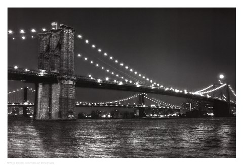 Framed Brooklyn Bridge and Manhattan Bridge, Night Print