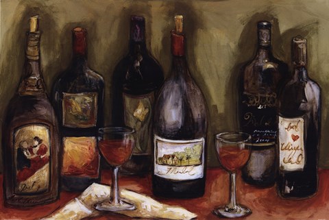 Framed Wine Still Life With Olive Green Background Print