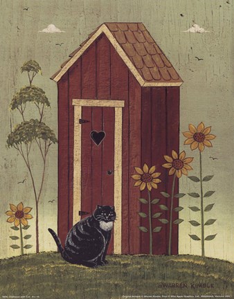 Framed Outhouse with Cat Print