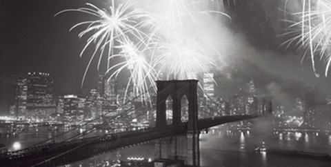 Framed Fireworks over the Brooklyn Bridge Print