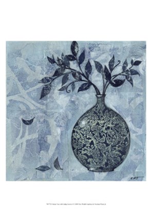 Framed Ornate Vase with Indigo Leaves I Print