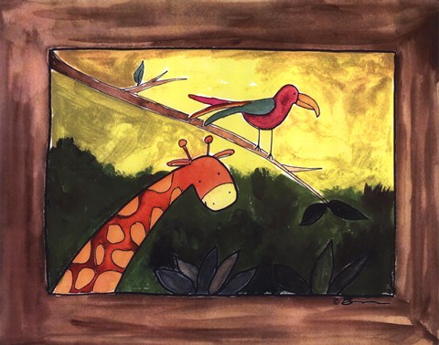 Framed Brown Giraffe with Bird Print