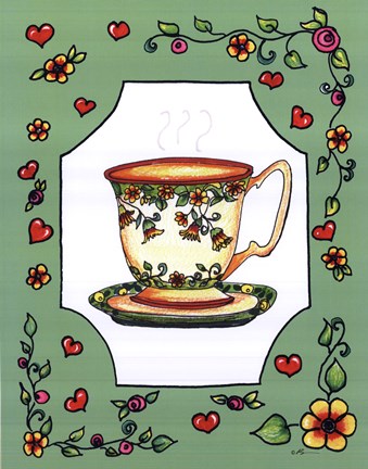 Framed Teacup with Green Floral Print