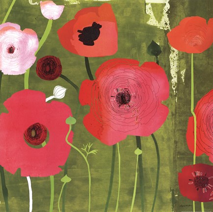 Framed Ranunculus on Green Print