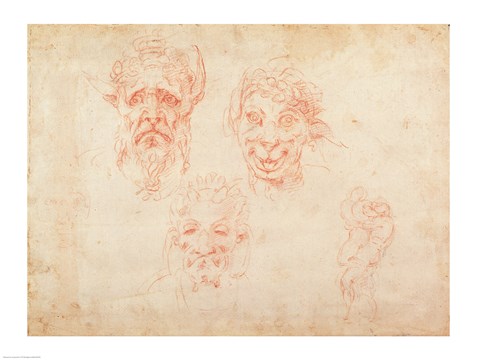 Framed W.33 Sketches of satyrs&#39; faces Print