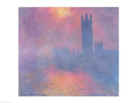 Framed Houses of Parliament, London, with the sun breaking through the fog, 1904 Print