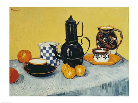 Framed Still Life with Blue Enamel Coffeepot, Earthenware and Fruit Print