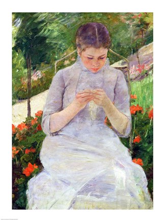 Framed Young Woman Sewing in the garden Print