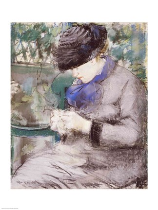 Framed Girl Sitting in the Garden Knitting, 1879 Print