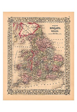Framed County Map of England and Wales, 1867 Print