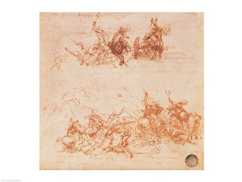 Framed Study of Horsemen in Combat and Foot Soldiers, 1503 Print