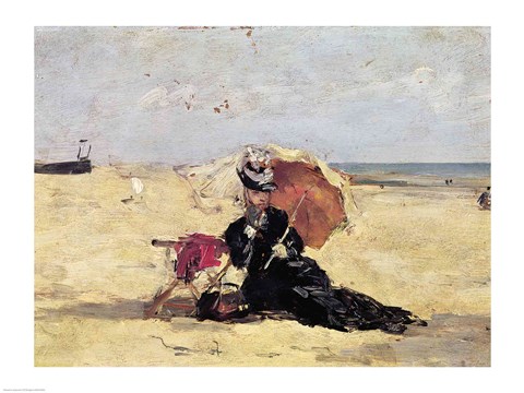 Framed Woman with a Parasol on the Beach, 1880 Print