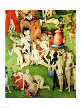 Framed Garden on Earthly Delights: Allegory of Luxury, central panel of triptych, c.1500 Print