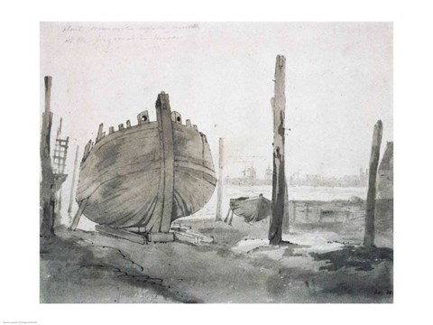 Framed River Scene with Vessel at Sunset Print