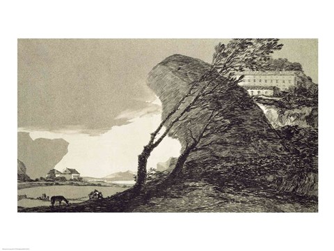 Framed Landscape with Large Rocks, Buildings and Trees Print