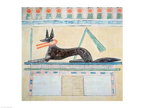 Framed Anubis, Egyptian god of the dead, lying on top of a sarcophagus Print