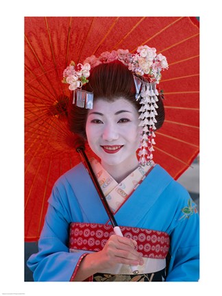 Framed Geisha in Blue with Orange Umbrella Print