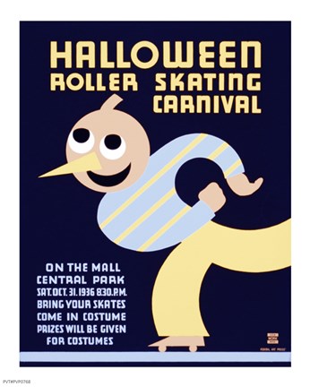 Framed Halloween Roller Skating Carnival, WPA Poster,1936 Print