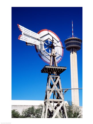 Framed USA, Texas, San Antonio, Tower of the Americas and old windmill Print