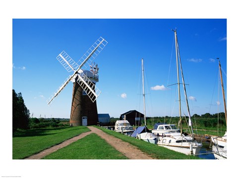 Framed Drainage windmill at the riverside, Horsey Windpump, Horsey, Norfolk, East Anglia, England Print