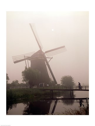 Framed Windmill and Cyclist, Zaanse Schans, Netherlands black and white Print