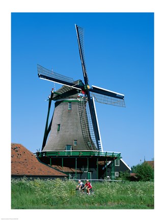 Framed Windmill and Cyclists, Zaanse Schans, Netherlands Print