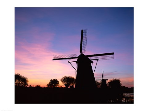 Framed Silhouette, Windmills On Purple Sunset, Kinderdijk, Netherlands Print