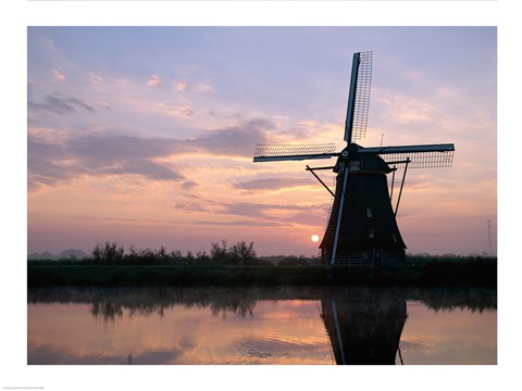Framed Silhouette, Windmills at Sunset, Kinderdijk, Netherlands Blue Light Print