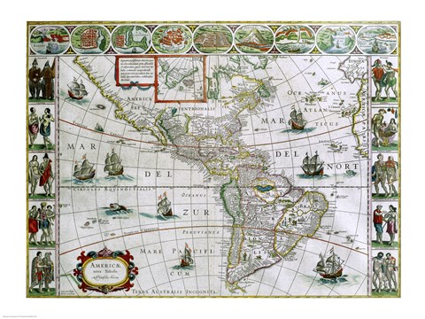 Framed Map of North and South America, Joan Bleau, 1630 Print