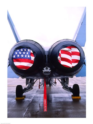 Framed FA-18 Hornet engines covered with American flag, USA Print