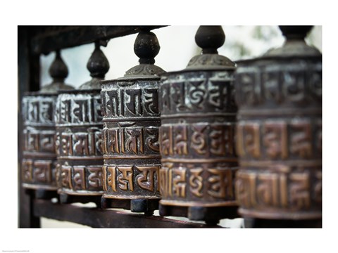 Framed Close-up of prayer wheels, Kathmandu, Nepal Print