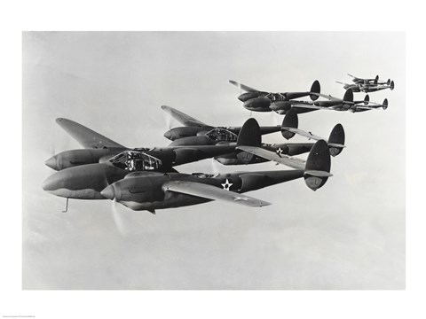 Framed Four fighter planes in flight, P-38 Lightning Print