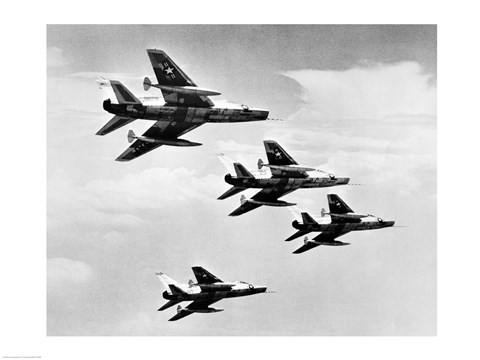 Framed Low angle view of four fighter planes flying in formation, F-100 Super Sabre Print