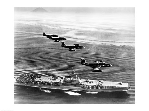 Framed High angle view of four fighter planes flying over an aircraft carrier, US Navy Banshees, USS Coral Sea (CV-43) Print