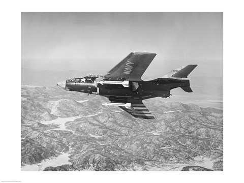 Framed Side profile of a fighter plane carrying sidewinder missiles during flight, F9F-8 Cougar, US Navy Print