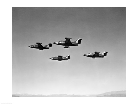 Framed Low angle view of four fighter planes flying in formation, F9F Panther Print