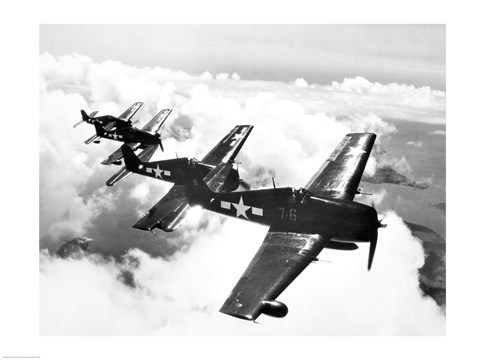 Framed High angle view of four fighter planes flying in formation, F6F Hellcat Print
