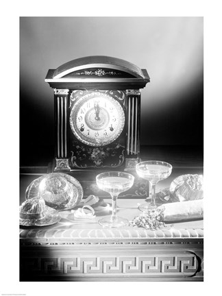 Framed Clock showing 12 o&#39;clock with champagne flutes and party hats in the foreground Print