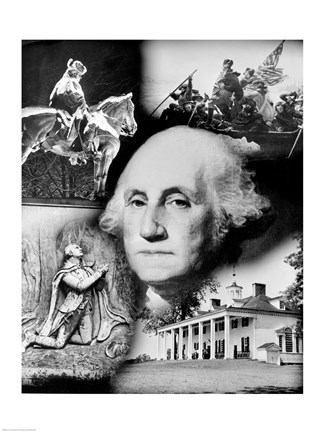 Framed George Washington&#39;s face superimposed over a montage of pictures depicting American history, USA Print