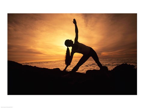 Framed Silhouette of a young woman practicing yoga, Haleakala, Maui, Hawaii, USA Print