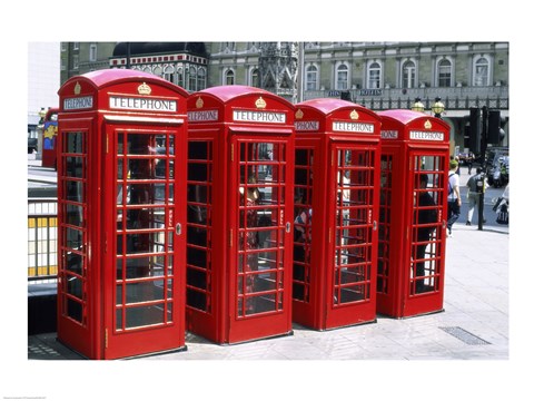 Framed Telephone booths in a row, London, England Print