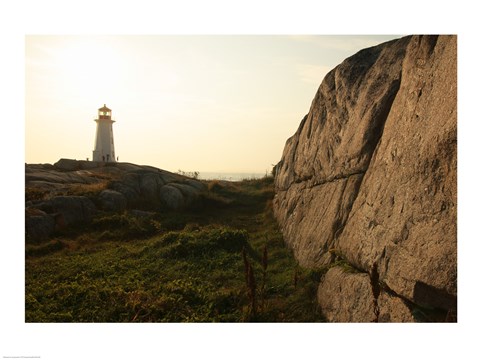 Framed Lighthouse on the beach at dusk, Peggy's Cove Lighthouse, Peggy's Cove, Nova Scotia, Canada Print
