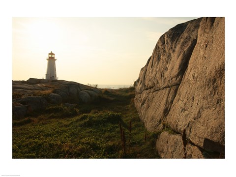 Framed Lighthouse on the beach at dusk, Peggy&#39;s Cove Lighthouse, Peggy&#39;s Cove, Nova Scotia, Canada Print