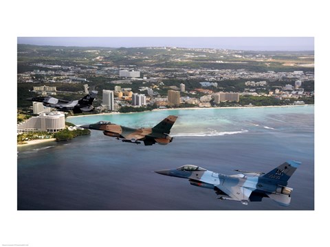 Framed Three F-16 Fighting Falcons fly in formation over Tumon Bay, Guam Print