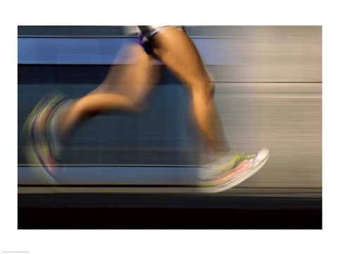 Framed Low section view of a person running on blue Print