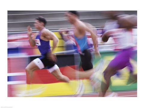 Framed Side profile of three men running on a running track Print