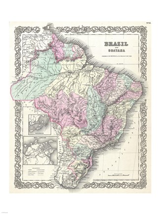 Framed 1855 Colton Map of Brazil And Guyana Print